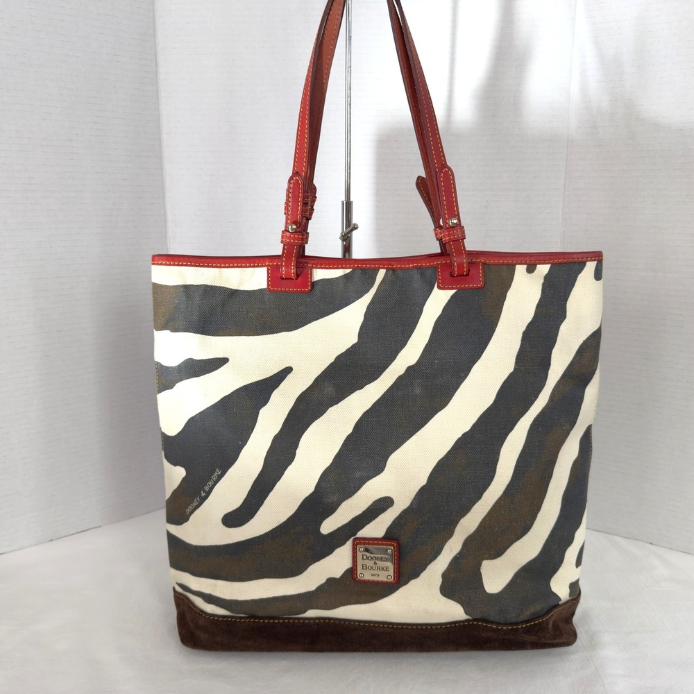 Dooney & Bourke Zebra Printed Canvas Leather Trim Suede Bottom Tote Bag